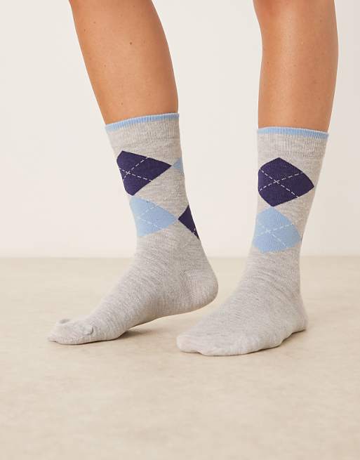 DESIGN argyle navy and blue check socks in grey marl
