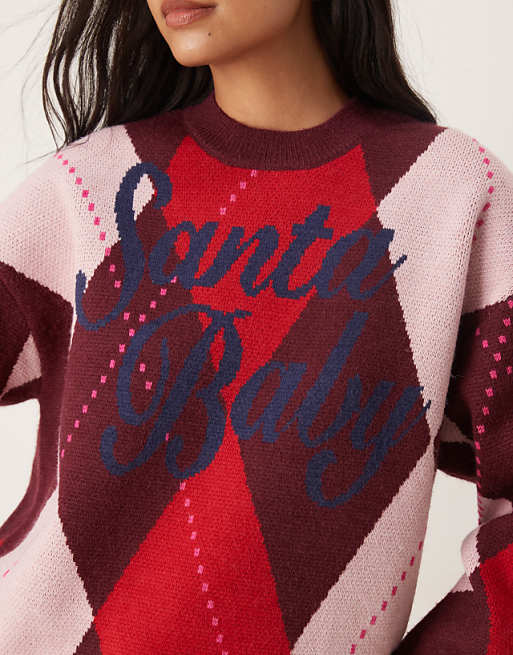 DESIGN Argyle Santa Baby Jumper In Burgundy