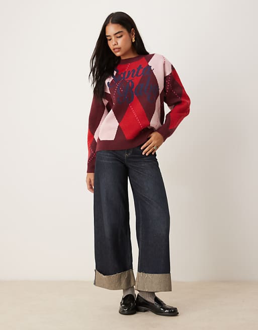 DESIGN Argyle Santa Baby Jumper In Burgundy