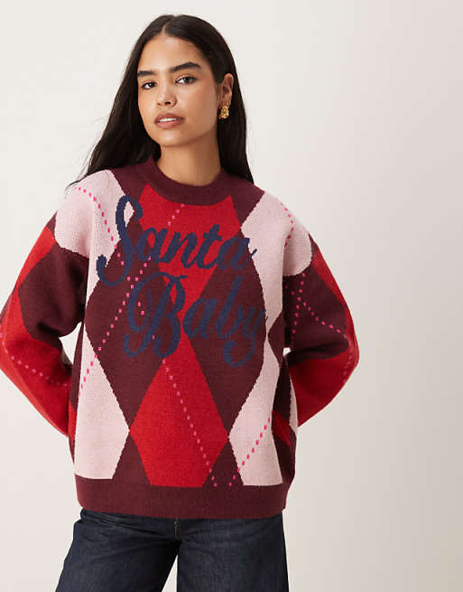 DESIGN argyle santa baby jumper in burgundy