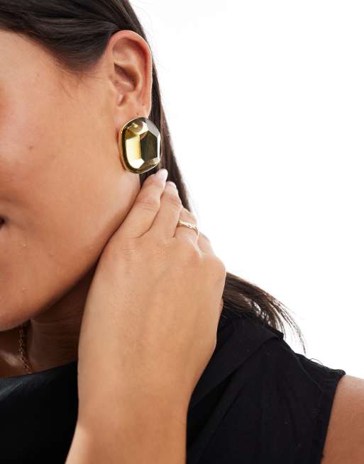 DESIGN Asymmetric Studs Earrings With Green Crystal Stone Setting Gold Tone