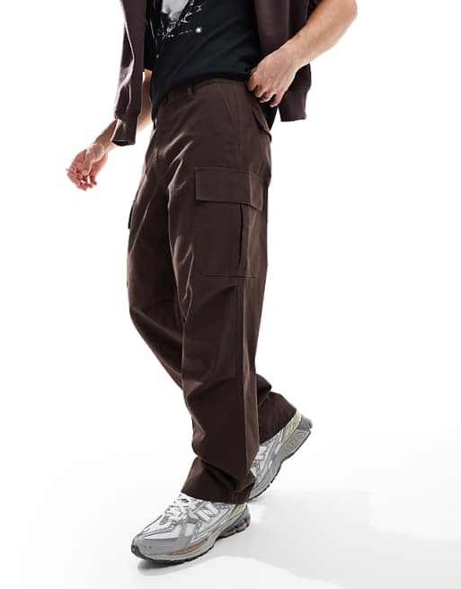 DESIGN baggy cargo trousers in brown