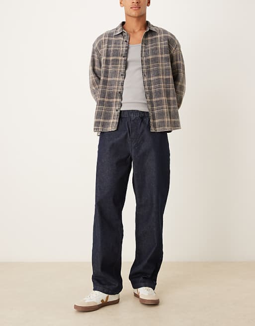 DESIGN Baggy jean with elasticated waistband & internal drawcord in raw denim