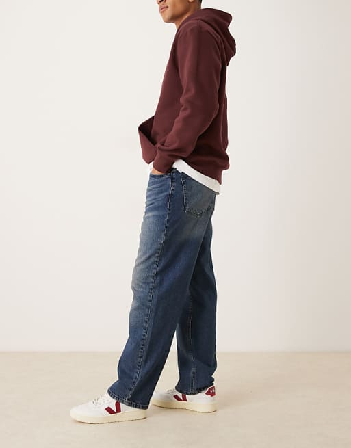 DESIGN Baggy Jeans In Dark Wash Blue With Abrasions