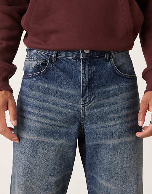 DESIGN Baggy Jeans In Dark Wash Blue With Abrasions