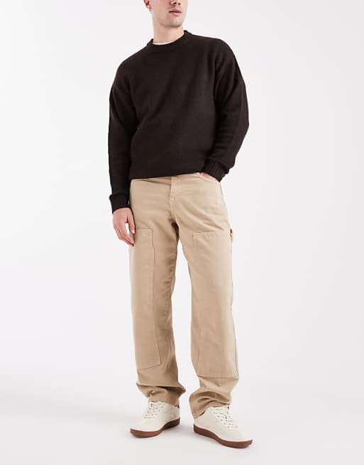 DESIGN Baggy Trousers In Beige With Carpenter Details