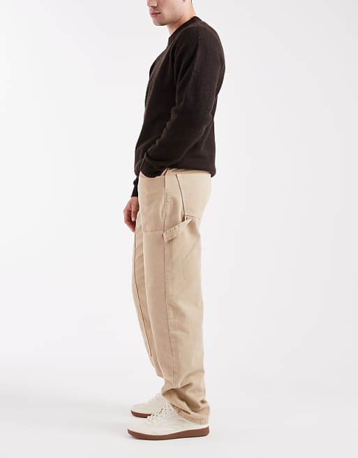 DESIGN Baggy Trousers In Beige With Carpenter Details