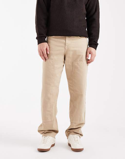 DESIGN baggy trousers in beige with carpenter details
