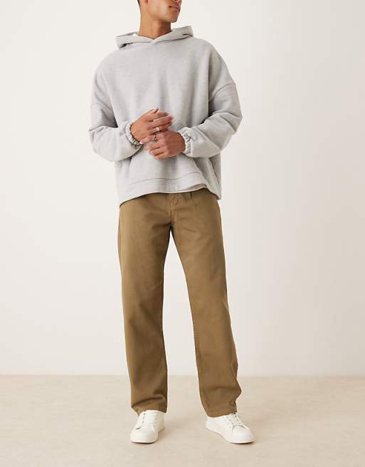 DESIGN Baggy Trousers In Khaki With Pleats