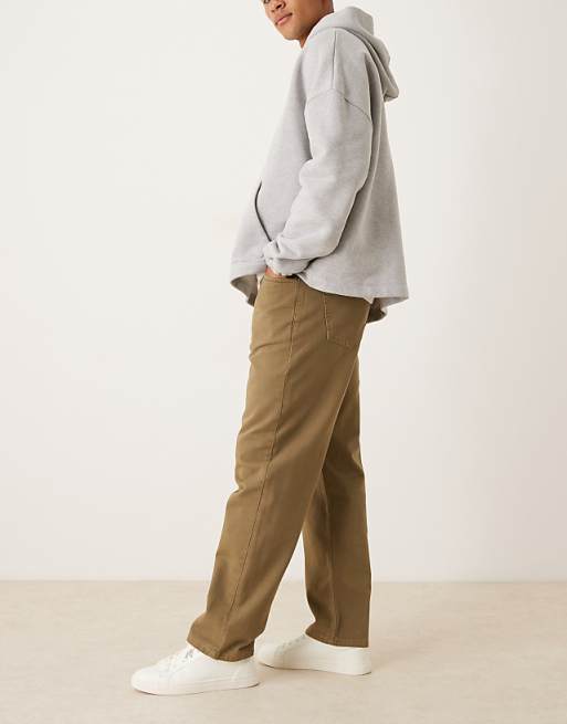 DESIGN Baggy Trousers In Khaki With Pleats