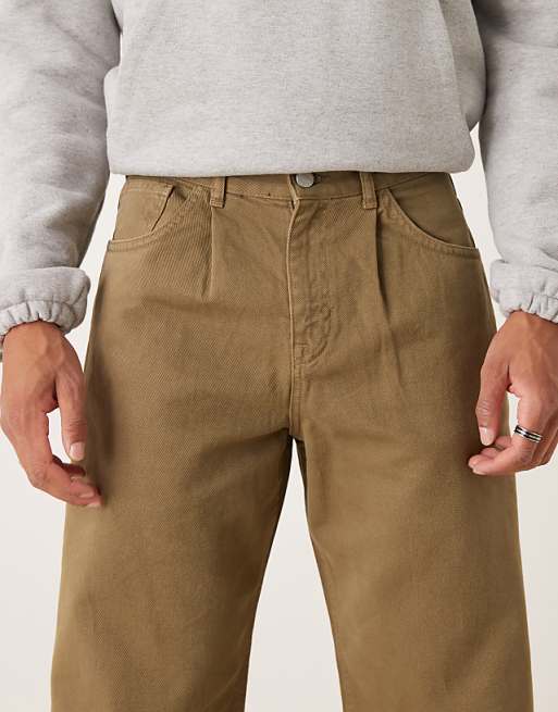 DESIGN Baggy Trousers In Khaki With Pleats