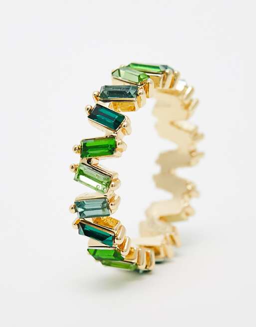 DESIGN Baguette Ring With Tonal Green Stones In Gold Tone