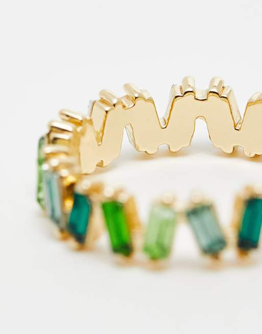 DESIGN Baguette Ring With Tonal Green Stones In Gold Tone