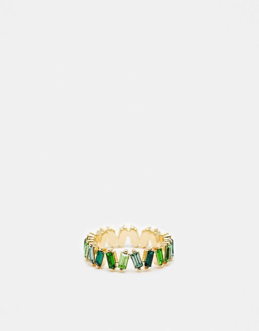 DESIGN baguette ring with tonal green stones in gold tone