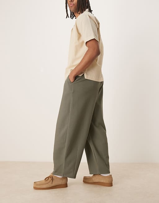 DESIGN Barrel Leg Twill Trousers In Khaki