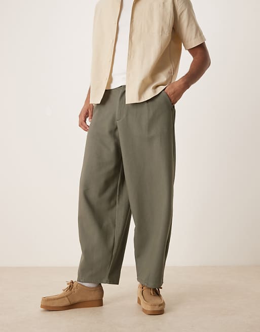DESIGN barrel leg twill trousers in khaki