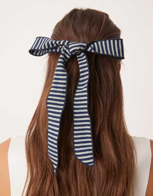DESIGN Barrette Clip With Long Length Striped Hair Bow In Navy And Green