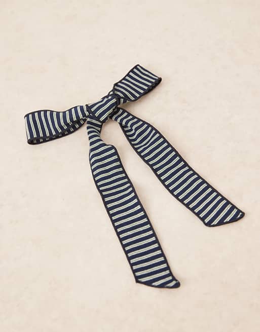 DESIGN barrette clip with long length striped hair bow in navy and green