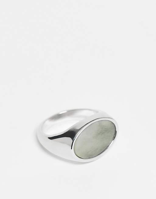 DESIGN blue jade semi-precious oval stone signet ring in silver tone
