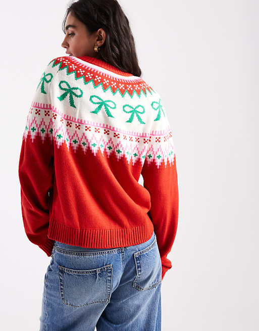 DESIGN Bow Detail Yoke Cardigan In Red
