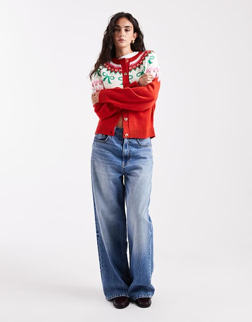 DESIGN Bow Detail Yoke Cardigan In Red