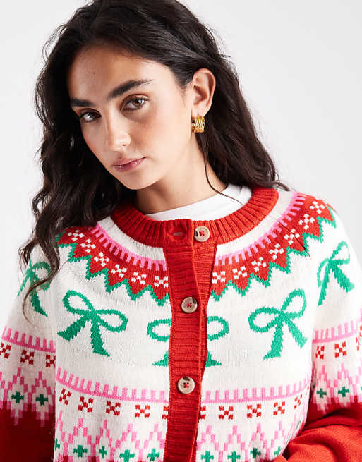 DESIGN Bow Detail Yoke Cardigan In Red
