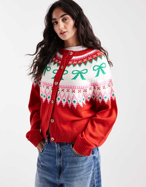 DESIGN bow detail yoke cardigan in red