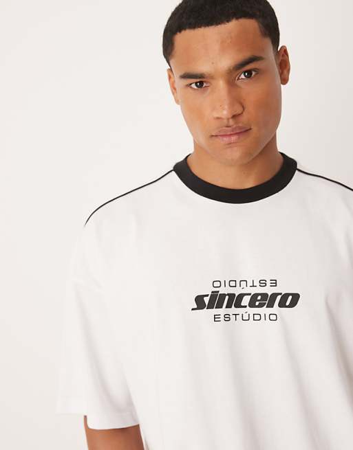 DESIGN Boxy 220gsm T-shirt With Piping And Print In White