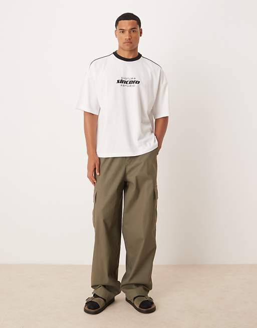DESIGN Boxy 220gsm T-shirt With Piping And Print In White
