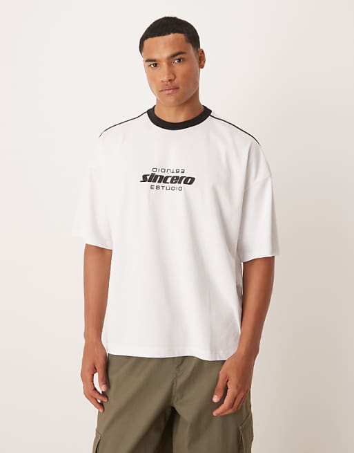 DESIGN boxy 220gsm t-shirt with piping and print in white