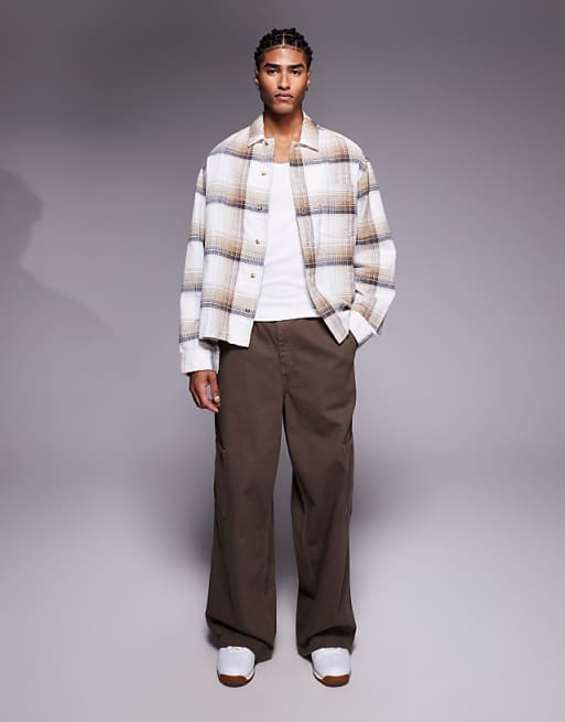 DESIGN Boxy Checked Overshirt In Beige