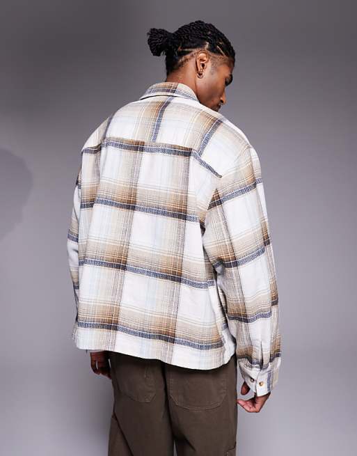DESIGN Boxy Checked Overshirt In Beige