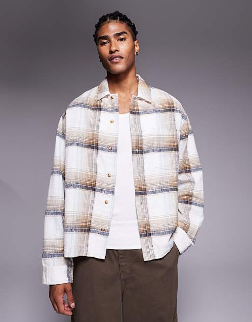 DESIGN boxy checked overshirt in beige