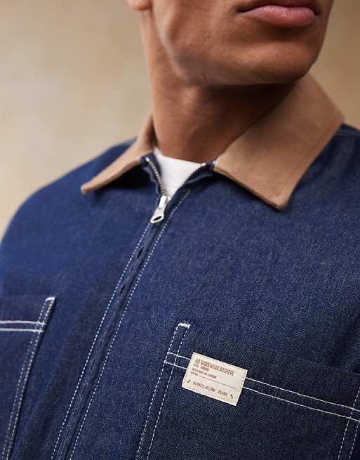 DESIGN Boxy Crop Denim Regular Shirt With Contrast Collar In Navy