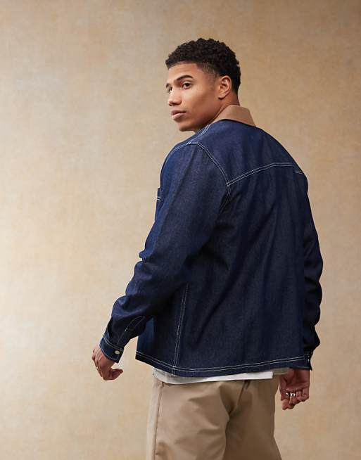 DESIGN Boxy Crop Denim Regular Shirt With Contrast Collar In Navy