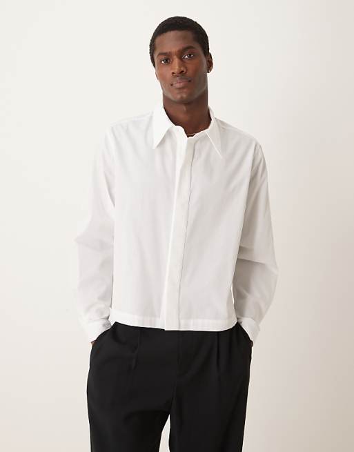 DESIGN boxy cropped 70s collar poplin shirt in white