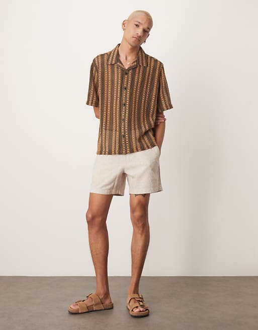 DESIGN Boxy Deep Revere Crochet Shirt In Brown Stripe