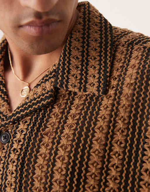 DESIGN Boxy Deep Revere Crochet Shirt In Brown Stripe
