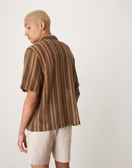 DESIGN Boxy Deep Revere Crochet Shirt In Brown Stripe