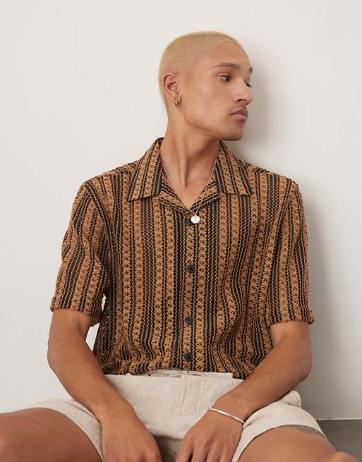 DESIGN boxy deep revere crochet shirt in brown stripe