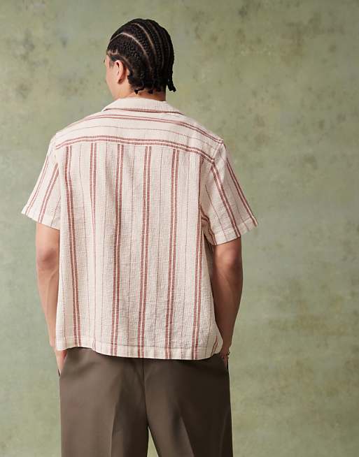 DESIGN Boxy Deep Revere Shirt In Neutral Stripe