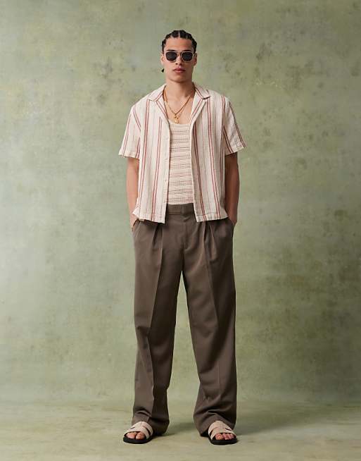 DESIGN Boxy Deep Revere Shirt In Neutral Stripe
