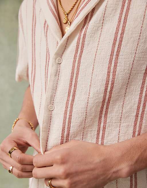 DESIGN Boxy Deep Revere Shirt In Neutral Stripe