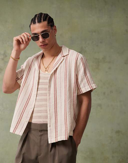 DESIGN boxy deep revere shirt in neutral stripe