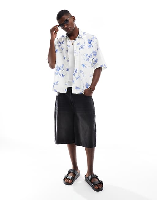 DESIGN Boxy Half Sleeve Regular Shirt With Flower Print In White