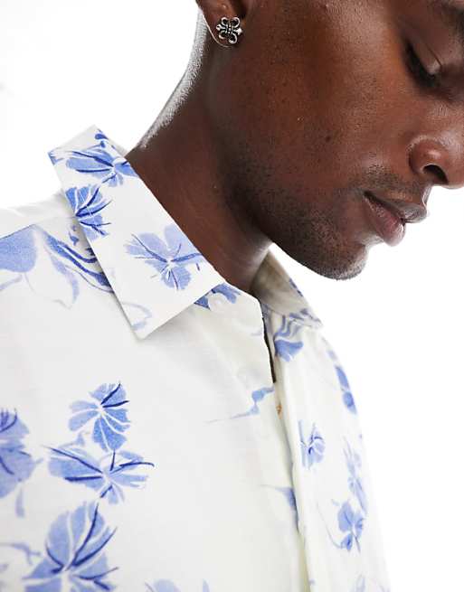 DESIGN Boxy Half Sleeve Regular Shirt With Flower Print In White