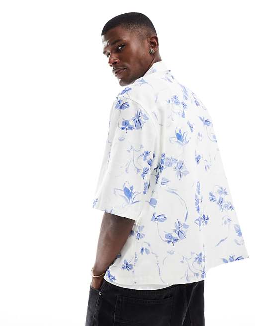 DESIGN Boxy Half Sleeve Regular Shirt With Flower Print In White
