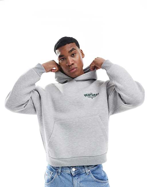 DESIGN Boxy Hoodie With Print In Grey Marl