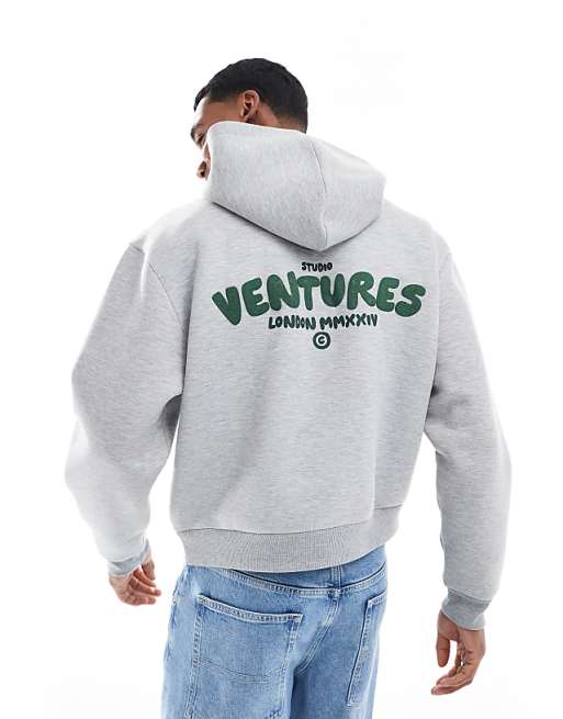 DESIGN boxy hoodie with print in grey marl