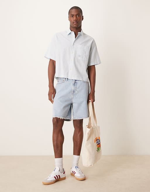 DESIGN Boxy Linen Blend Shirt With Tonal Chest Embroidery In Blue